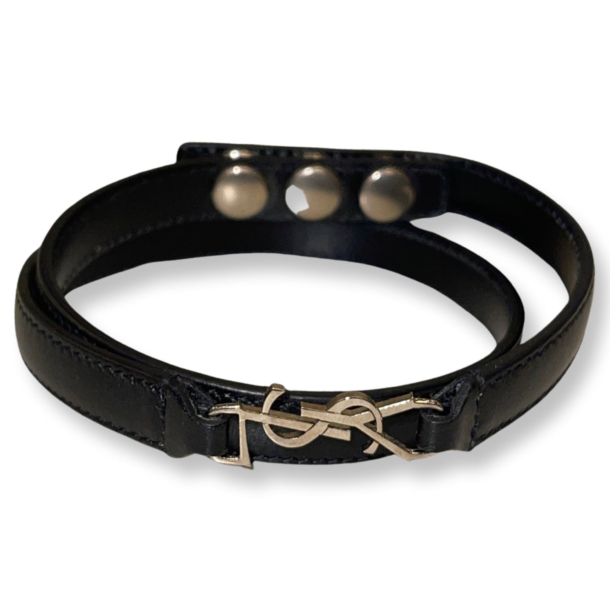 Saint Laurent Monogram Logo Black Leather Wrap Snap Bracelet available at Queen Bee of Beverly Hills