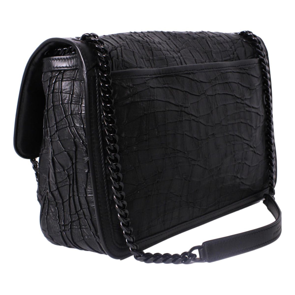 Black Croc Embossement Leather Satchel Bag