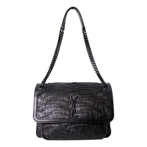 Saint Laurent Niki Medium Crocodile Embossed Leather Black Satchel Bag 498894 at_Queen_Bee_of_Beverly_Hills