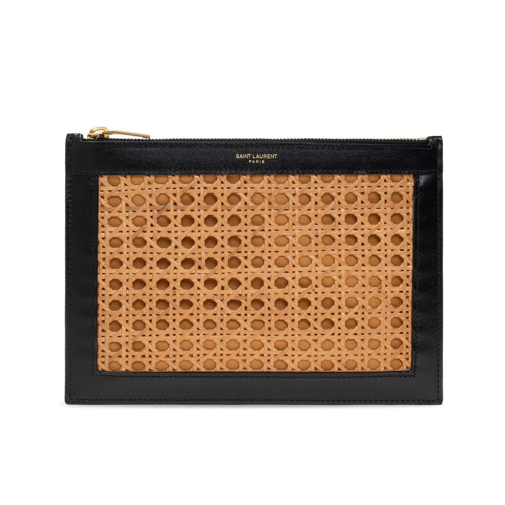 Saint Laurent Rattan Black Leather Pouch Clutch Bag 635098 at_Queen_Bee_of_Beverly_Hills