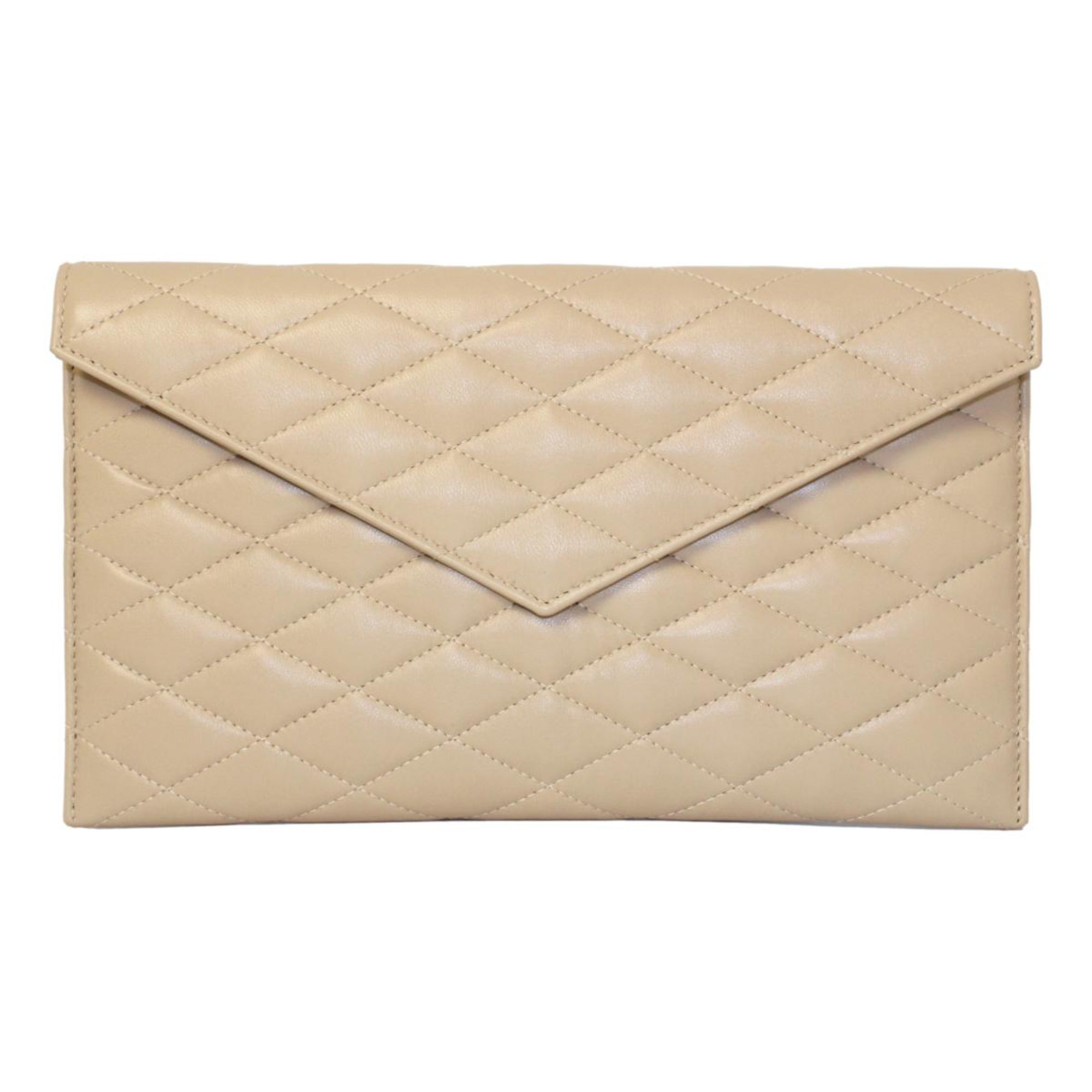 Saint Laurent Sade Logo Beige Leather Quiltled Pouch Clutch Bag 636533 at_Queen_Bee_of_Beverly_Hills
