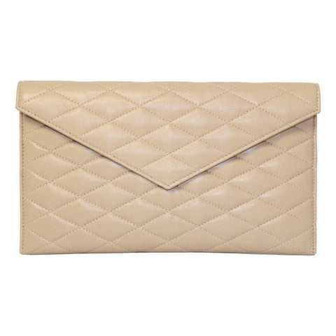 Saint Laurent Sade Logo Beige Leather Quiltled Pouch Clutch Bag 636533 at_Queen_Bee_of_Beverly_Hills