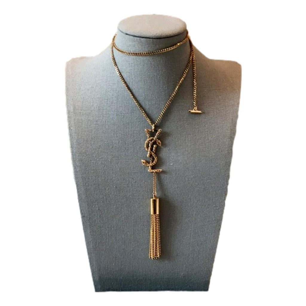 Saint Laurent Serpent Monogram Logo Tassel Gold Brass Chain Necklace at_Queen_Bee_of_Beverly_Hills