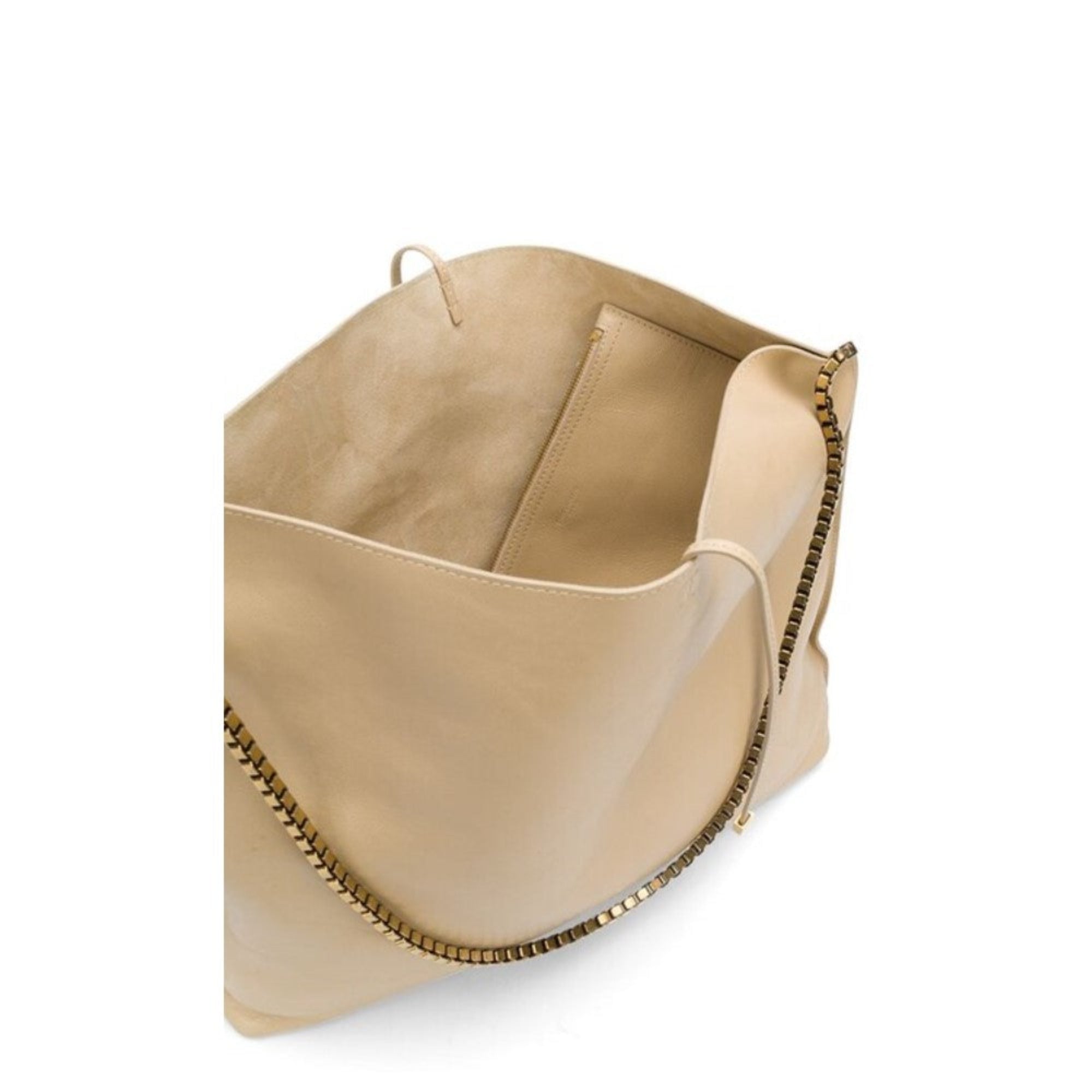 Saint Laurent Suzanne Beige Calfskin Leather Chain Hobo Bag available at Queen Bee of Beverly Hills