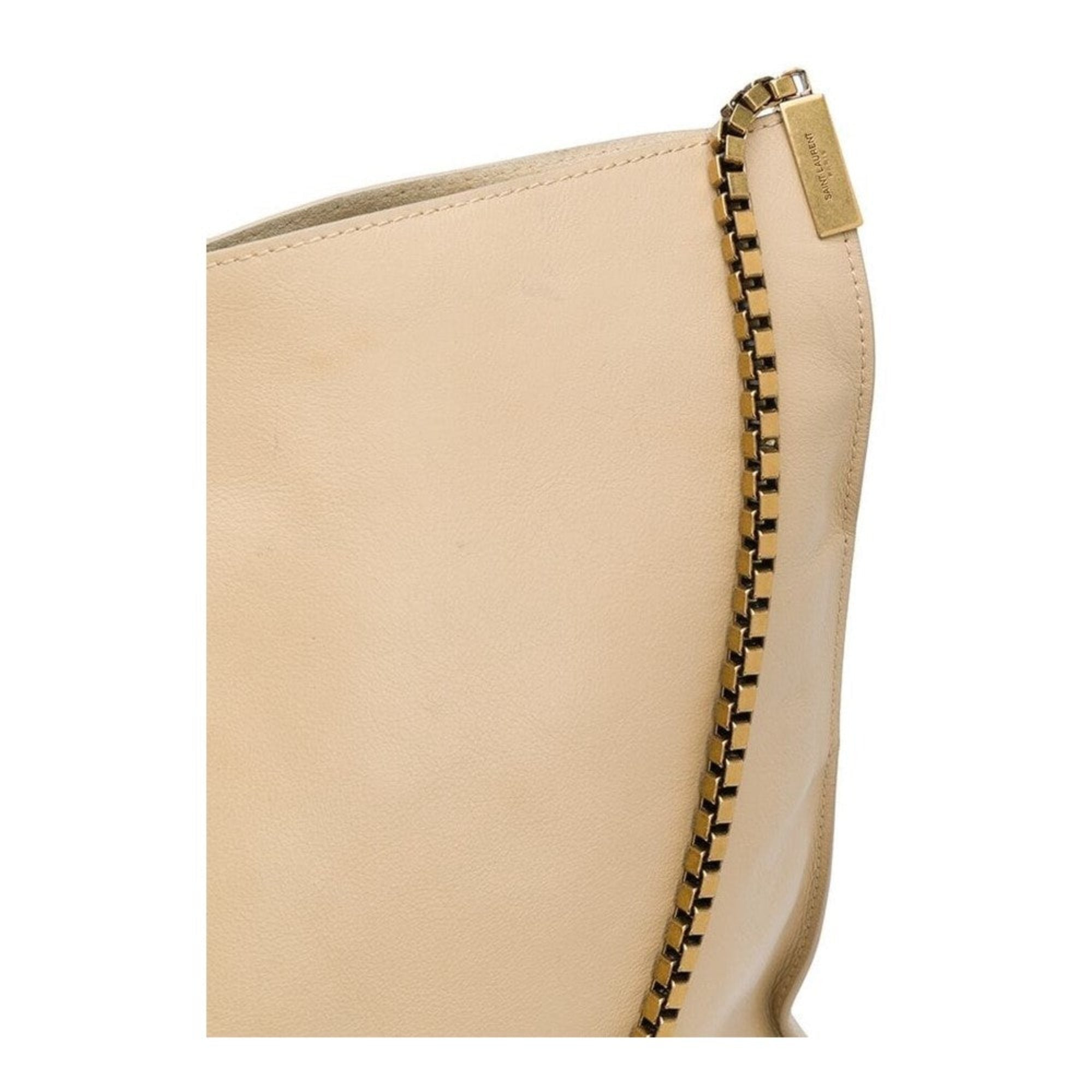 Saint Laurent Suzanne Beige Calfskin Leather Chain Hobo Bag available at Queen Bee of Beverly Hills