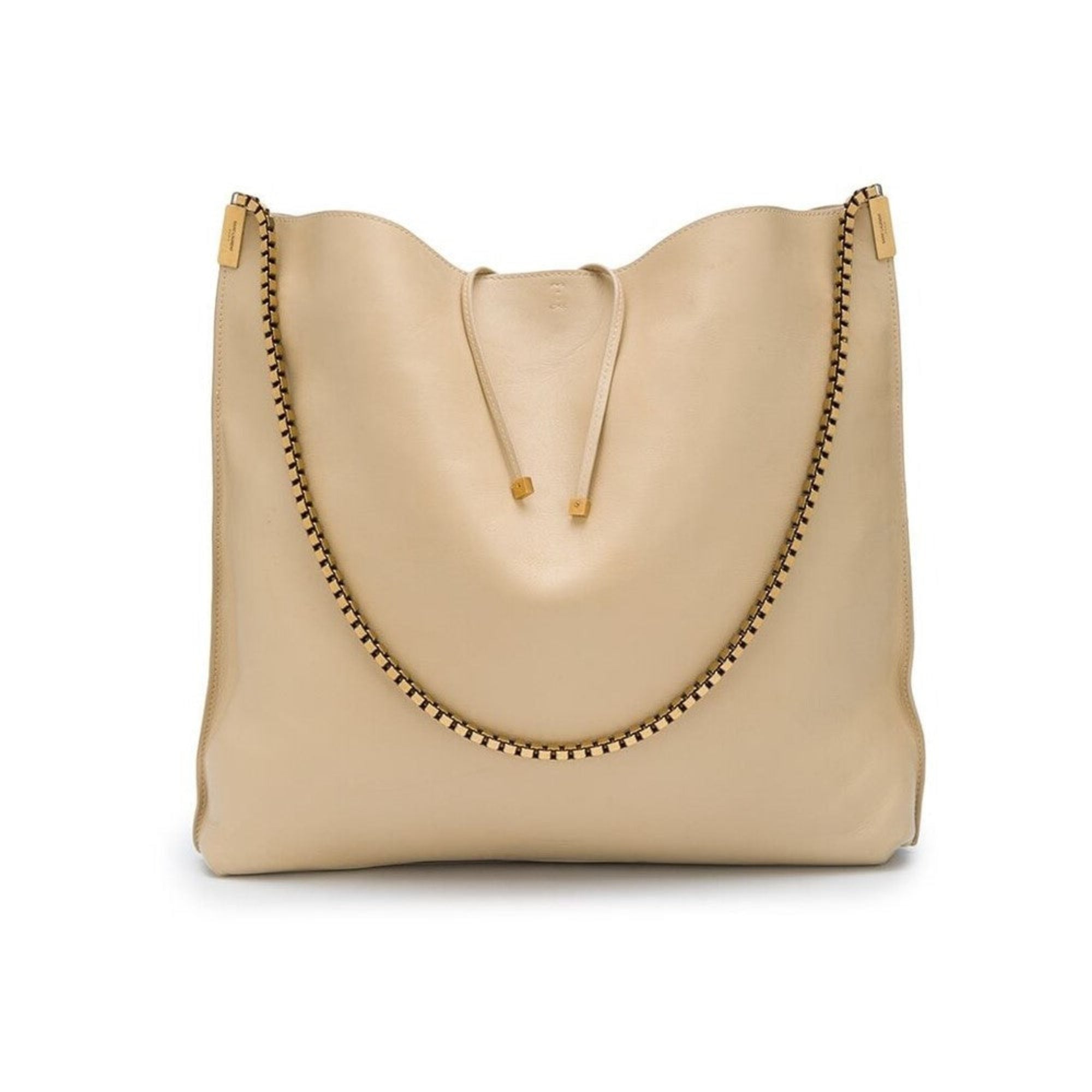 Saint Laurent Suzanne Beige Calfskin Leather Chain Hobo Bag available at Queen Bee of Beverly Hills