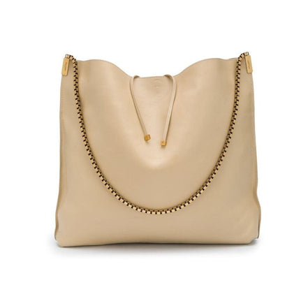 Saint Laurent Suzanne Beige Calfskin Leather Chain Hobo Bag available at Queen Bee of Beverly Hills