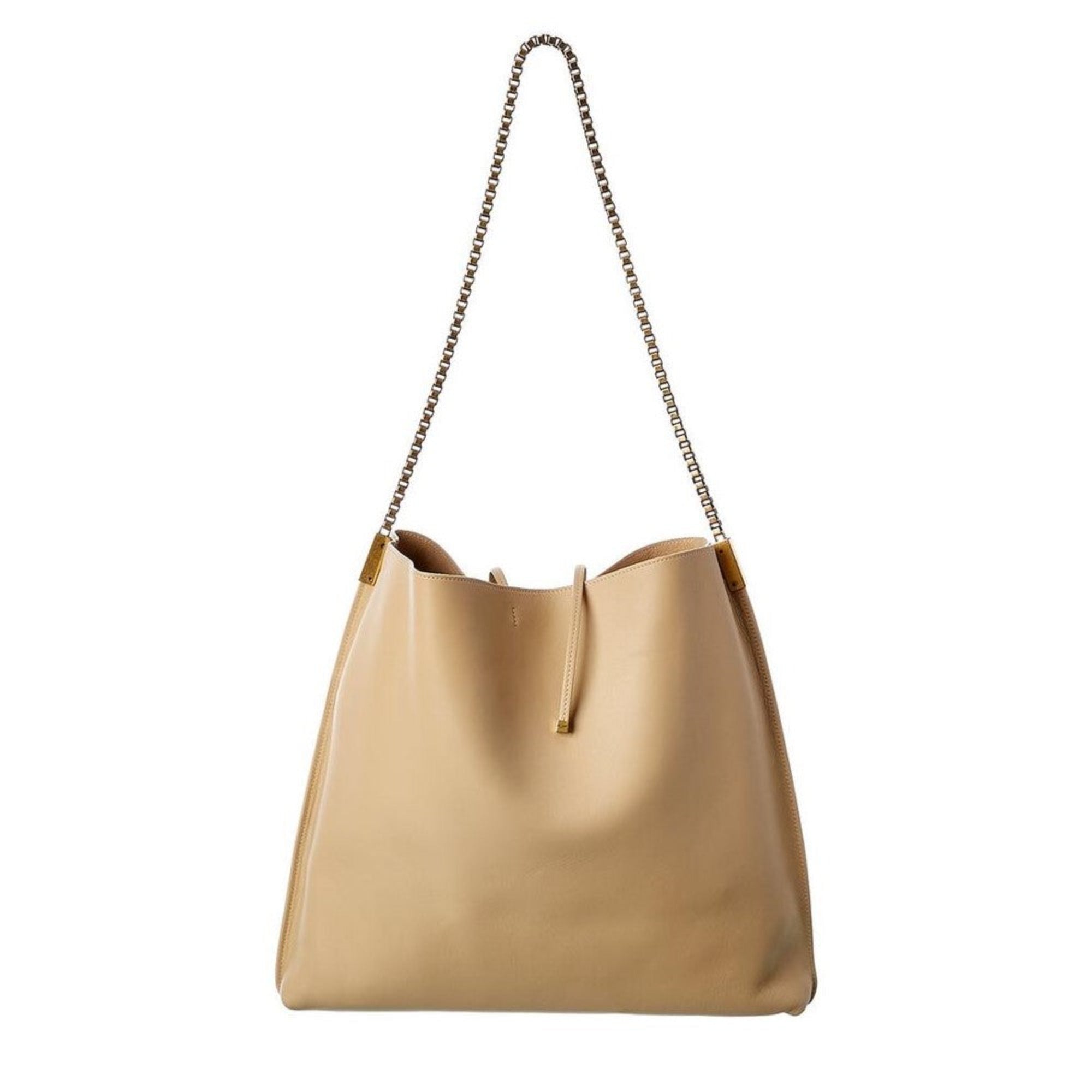 Saint Laurent Suzanne Beige Calfskin Leather Chain Hobo Bag available at Queen Bee of Beverly Hills