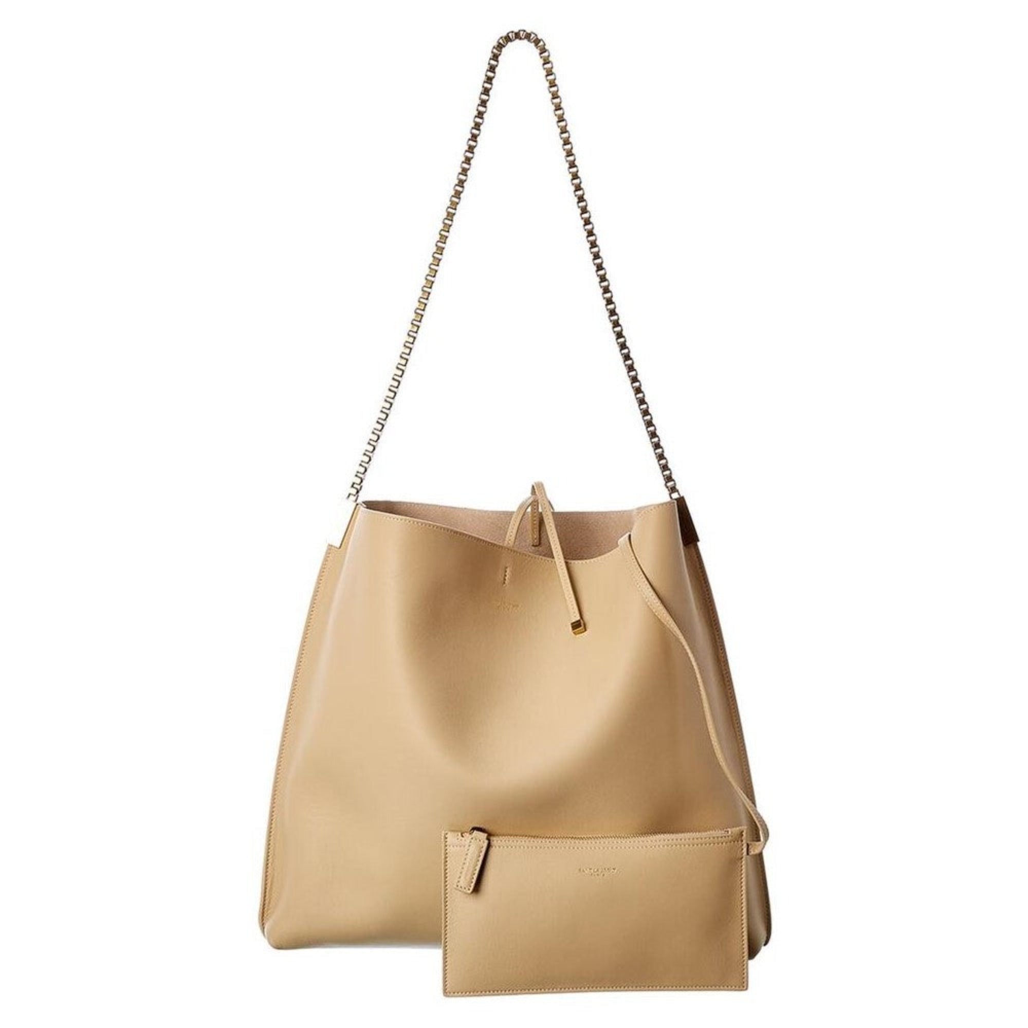 Saint Laurent Suzanne Beige Calfskin Leather Chain Hobo Bag available at Queen Bee of Beverly Hills