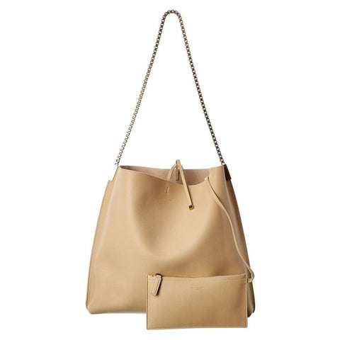Saint Laurent Suzanne Beige Calfskin Leather Chain Hobo Bag available at Queen Bee of Beverly Hills