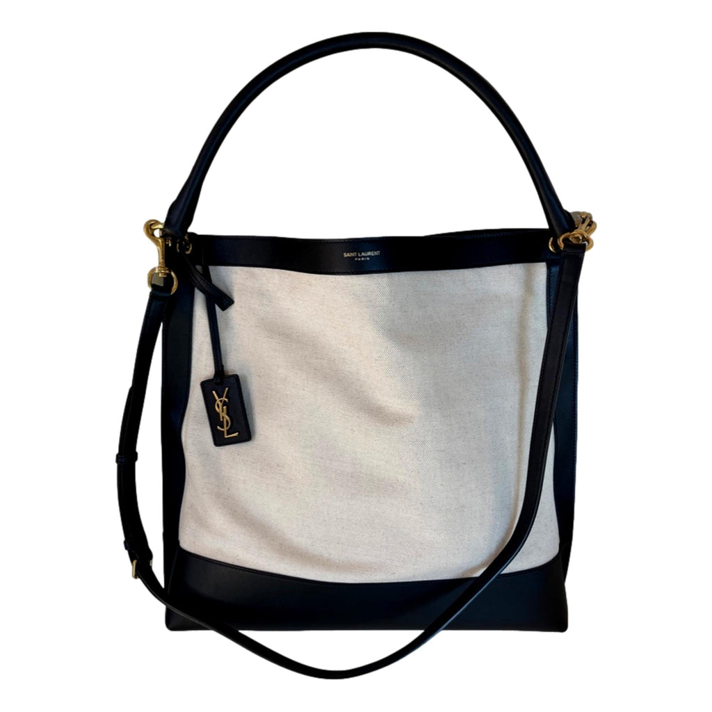 Saint Laurent Tag Canvas and Black Leather Hobo Bag 634786 at_Queen_Bee_of_Beverly_Hills