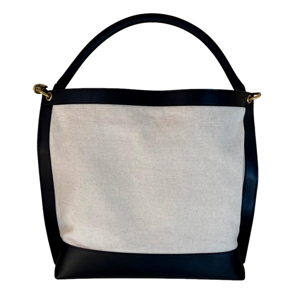 Saint Laurent Tag Canvas and Black Leather Hobo Bag 634786 at_Queen_Bee_of_Beverly_Hills