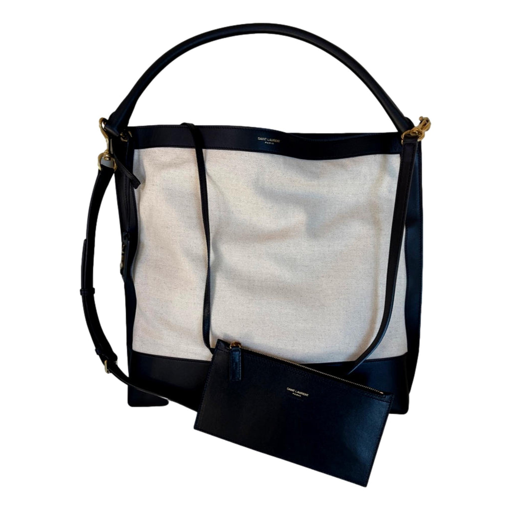 Saint Laurent Tag Canvas and Black Leather Hobo Bag 634786 at_Queen_Bee_of_Beverly_Hills