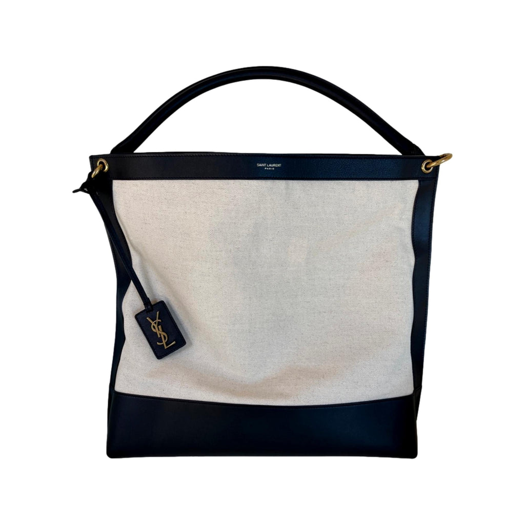 Saint Laurent Tag Canvas and Black Leather Hobo Bag 634786 at_Queen_Bee_of_Beverly_Hills