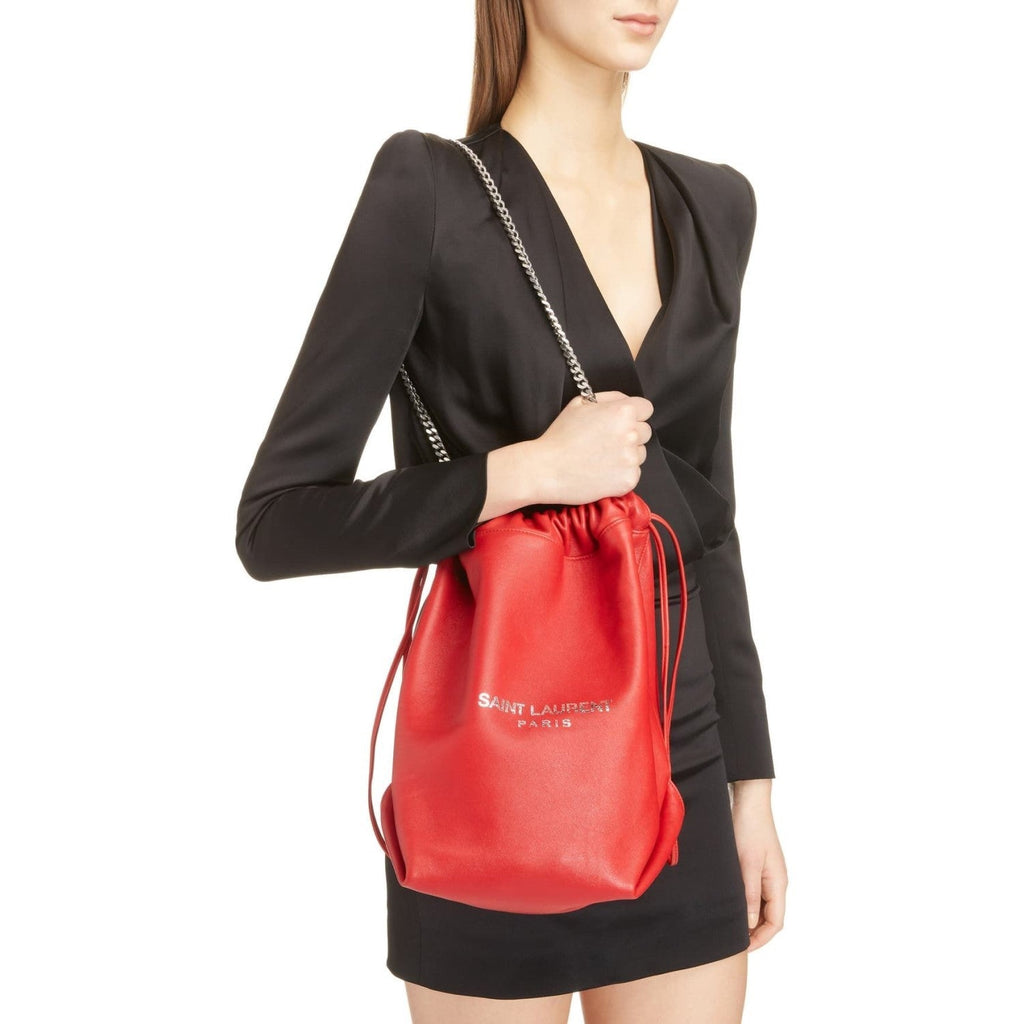 Saint Laurent Teddy Red Lambskin Leather Drawstring Bucket Bag 538447 at_Queen_Bee_of_Beverly_Hills