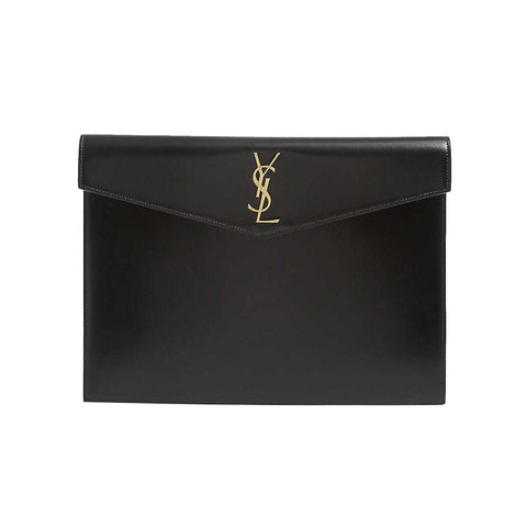 Saint Laurent Uptown Black Leather Shiny Monogram Small Pouch 565733 at_Queen_Bee_of_Beverly_Hills
