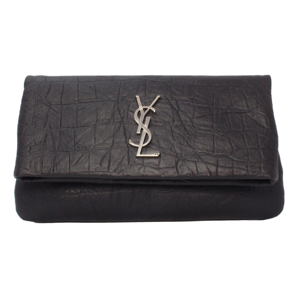 YVES SAINT LAURENT Crocodile Black Leather Gold Chain Clutch Crossbody Bag