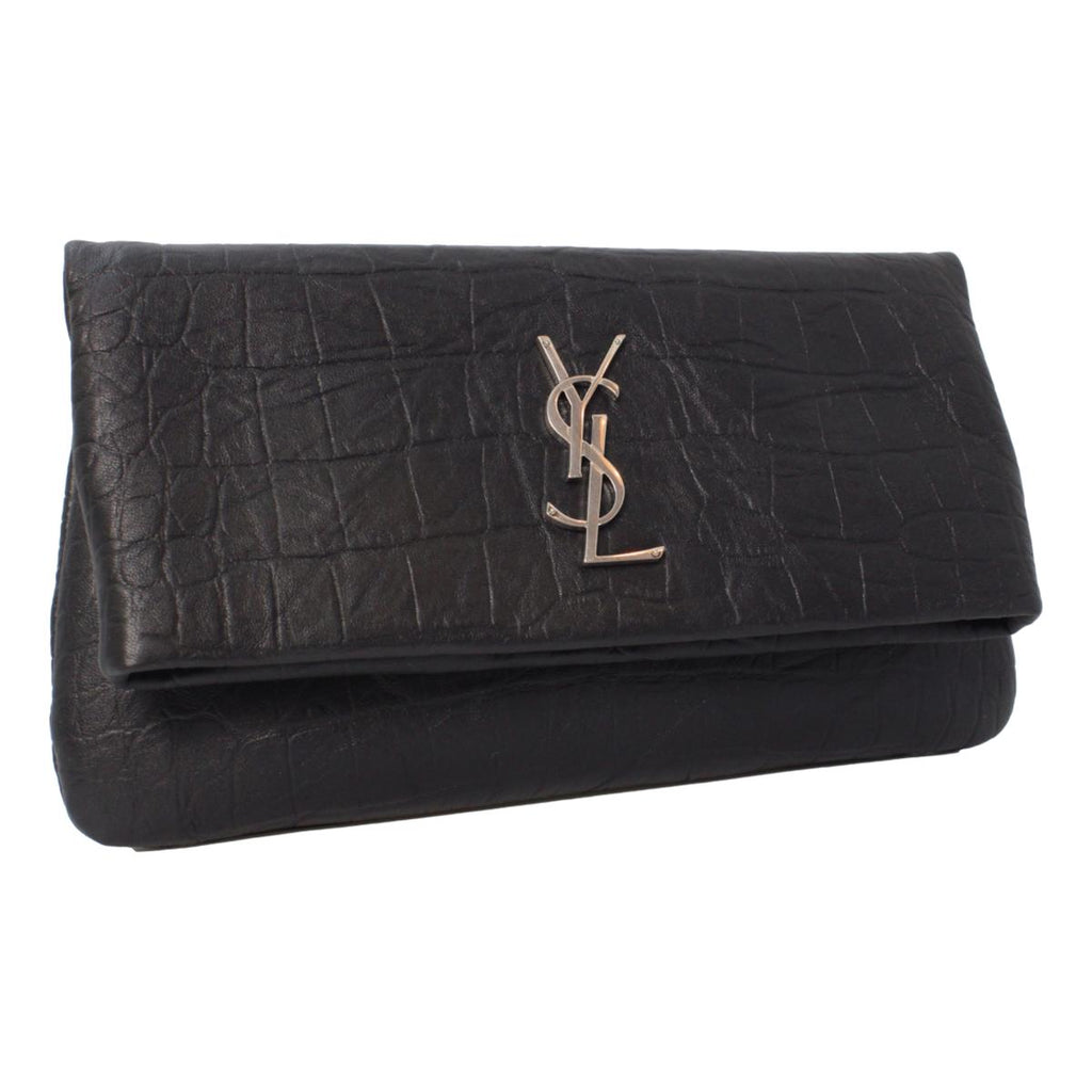 Saint Laurent West Hollywood Black Leather Croc Embossed Clutch