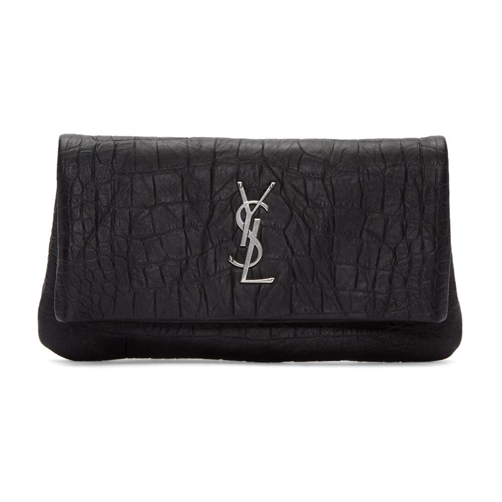 Saint Laurent West Hollywood Black Leather Croc Embossed Clutch 601313 at_Queen_Bee_of_Beverly_Hills