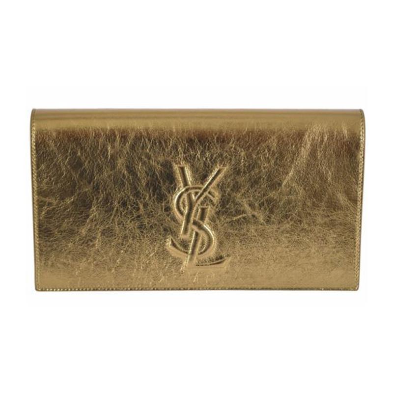 Saint Laurent Gold Calfskin Leather Monogram Clutch Bag - Yoogi's