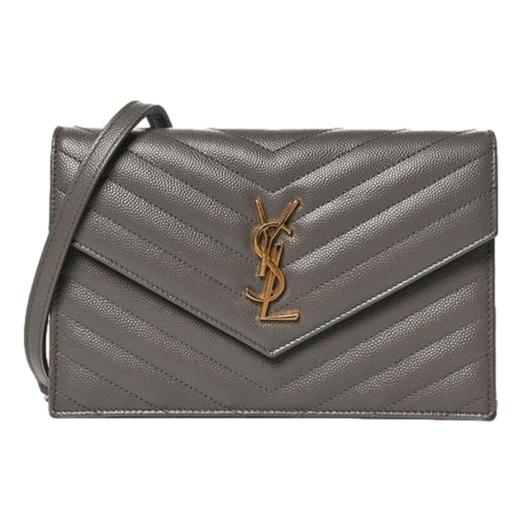 Saint Laurent YSL Peble Gray Quilted Leather Monogram Crossbody Handbag 377828 at_Queen_Bee_of_Beverly_Hills