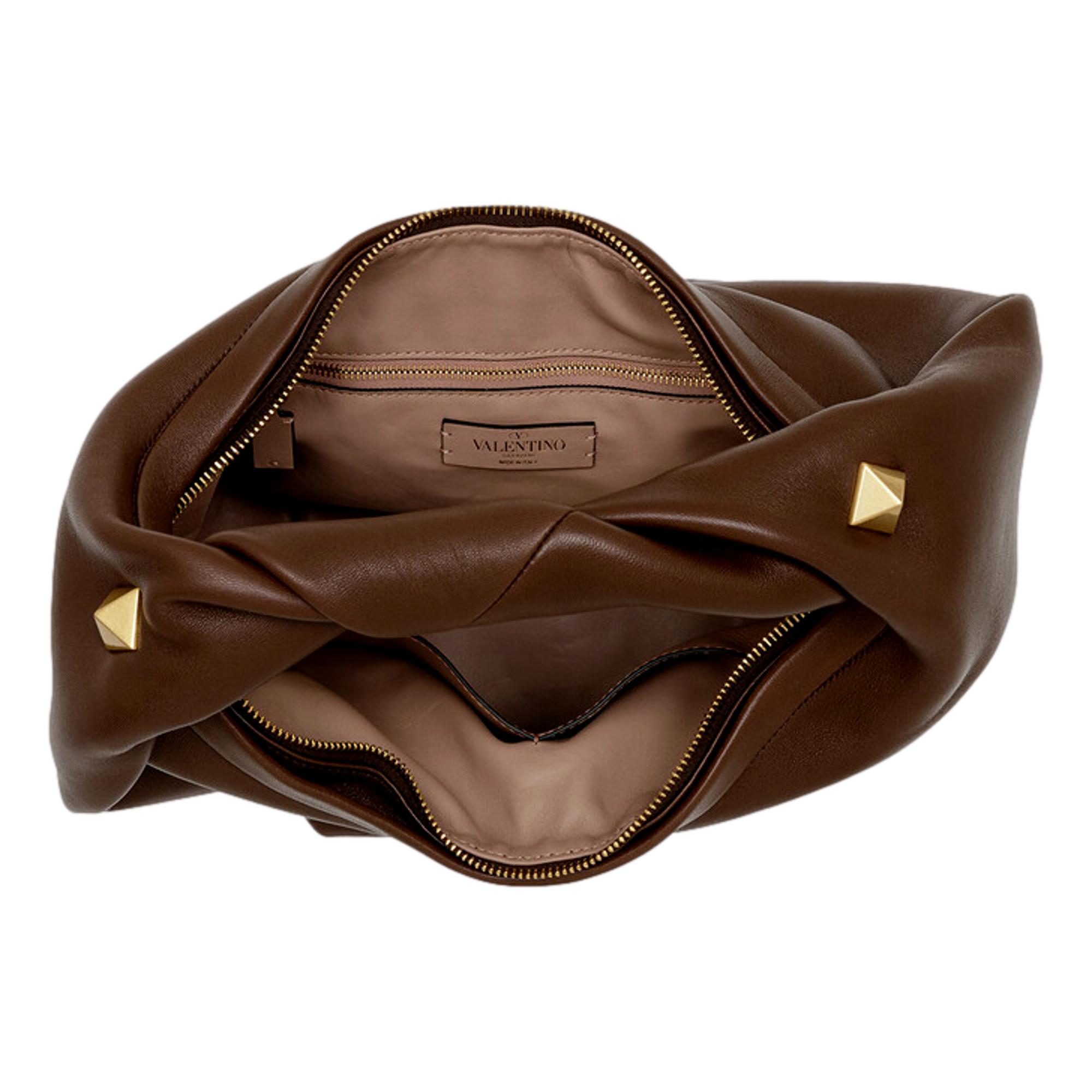 Valentino Garavani Roman Stud Brown Leather Large Hobo Shoulder Bag available at Queen Bee of Beverly Hills