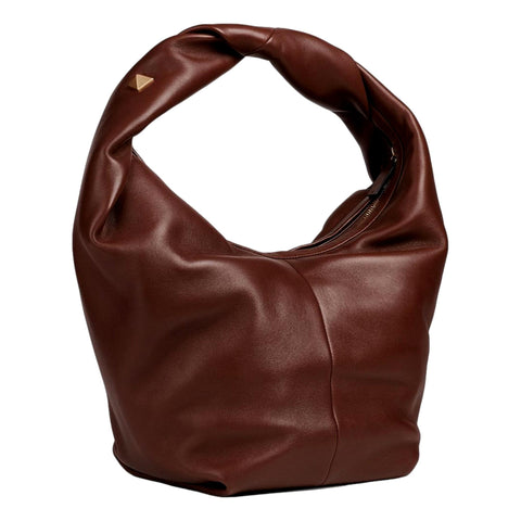 Valentino Garavani Roman Stud Twisted Brown Leather Shoulder Bag at_Queen_Bee_of_Beverly_Hills
