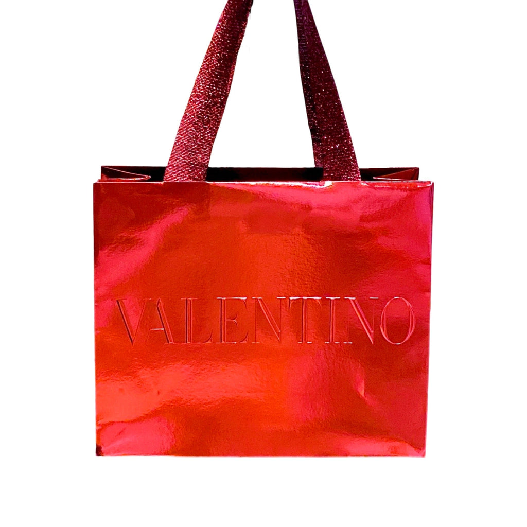 Valentino Logo Red Metallic Paper Designer Shopping Gift Bag Small at_Queen_Bee_of_Beverly_Hills