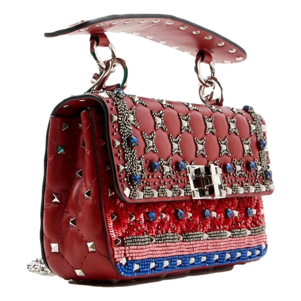 Valentino Rockstud Spike Red Leather Beaded Bag at_Queen_Bee_of_Beverly_Hills