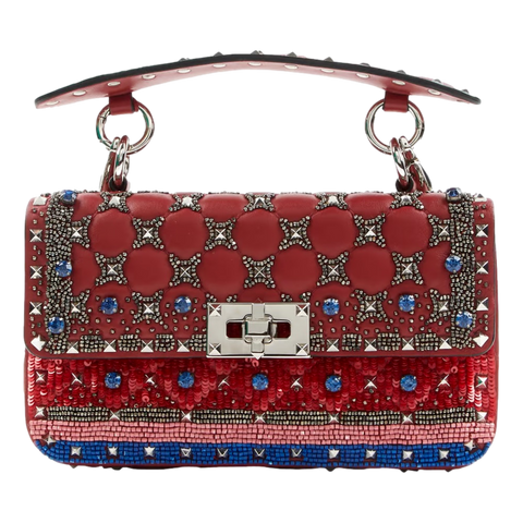 Valentino Rockstud Spike Red Leather Beaded Bag at_Queen_Bee_of_Beverly_Hills