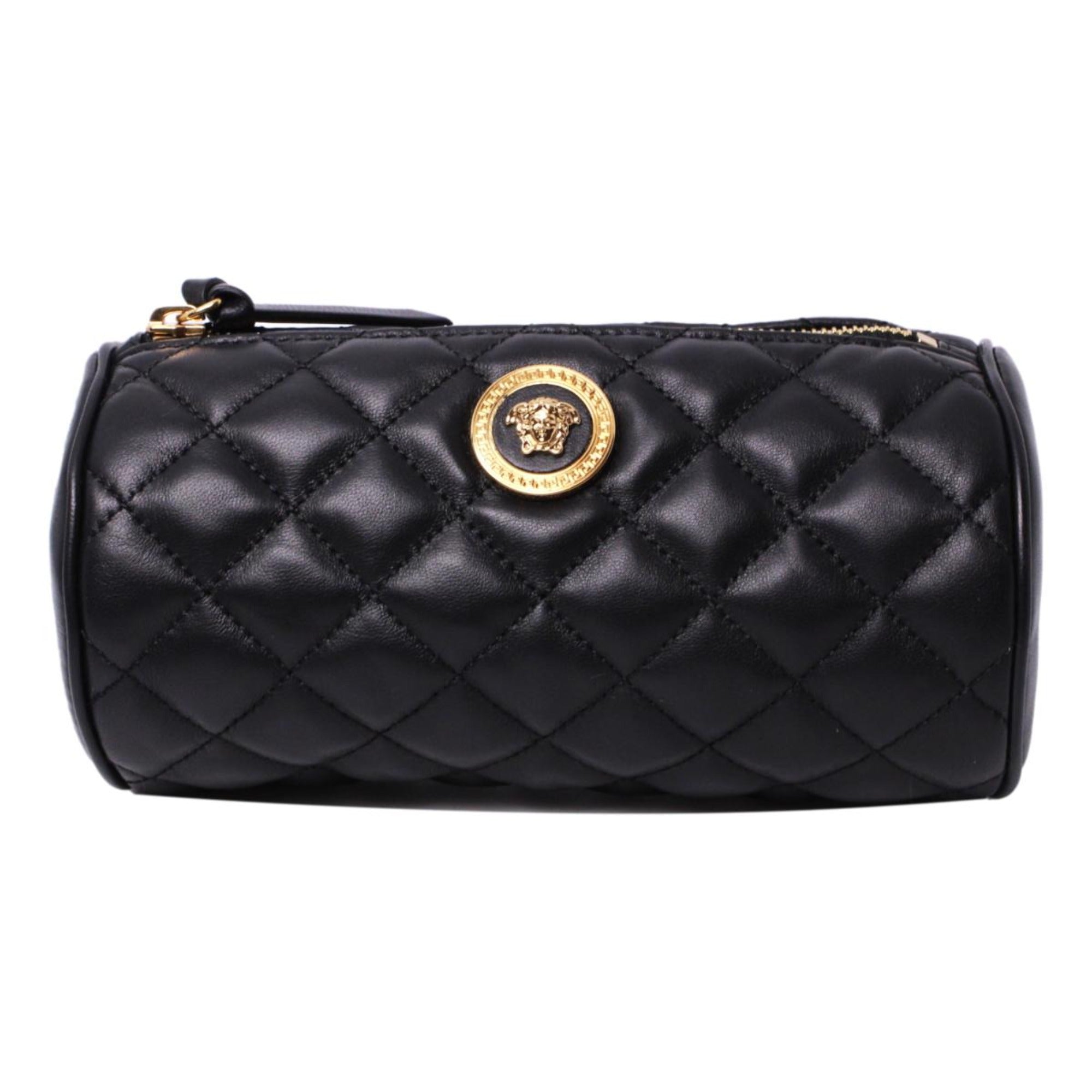 Versace Black Leather Medusa Quilted Cosmetic Bag DBFI160S at_Queen_Bee_of_Beverly_Hills