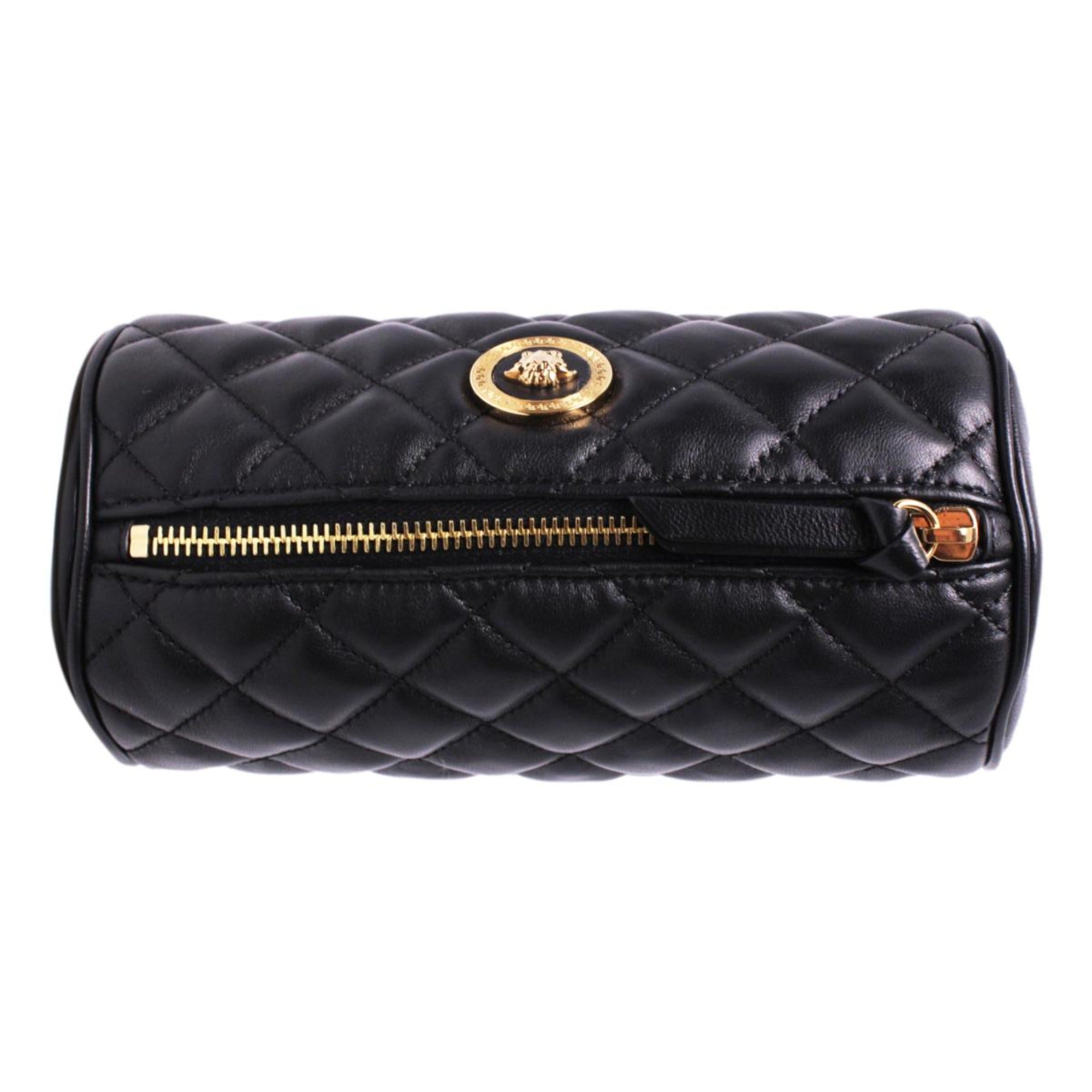 Versace Black Leather Medusa Quilted Cosmetic Bag available at Queen Bee of Beverly Hills