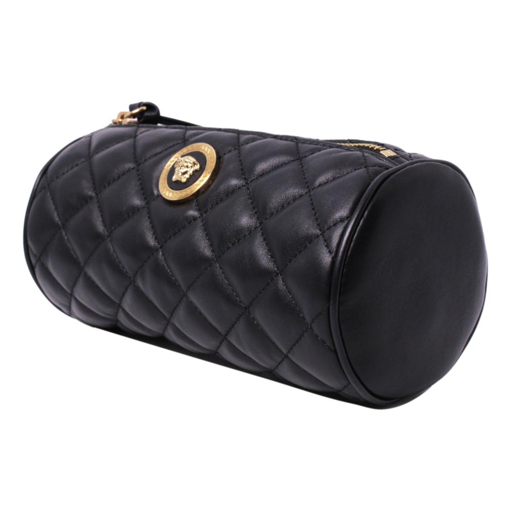 Versace Black Leather Medusa Quilted Cosmetic Bag available at Queen Bee of Beverly Hills