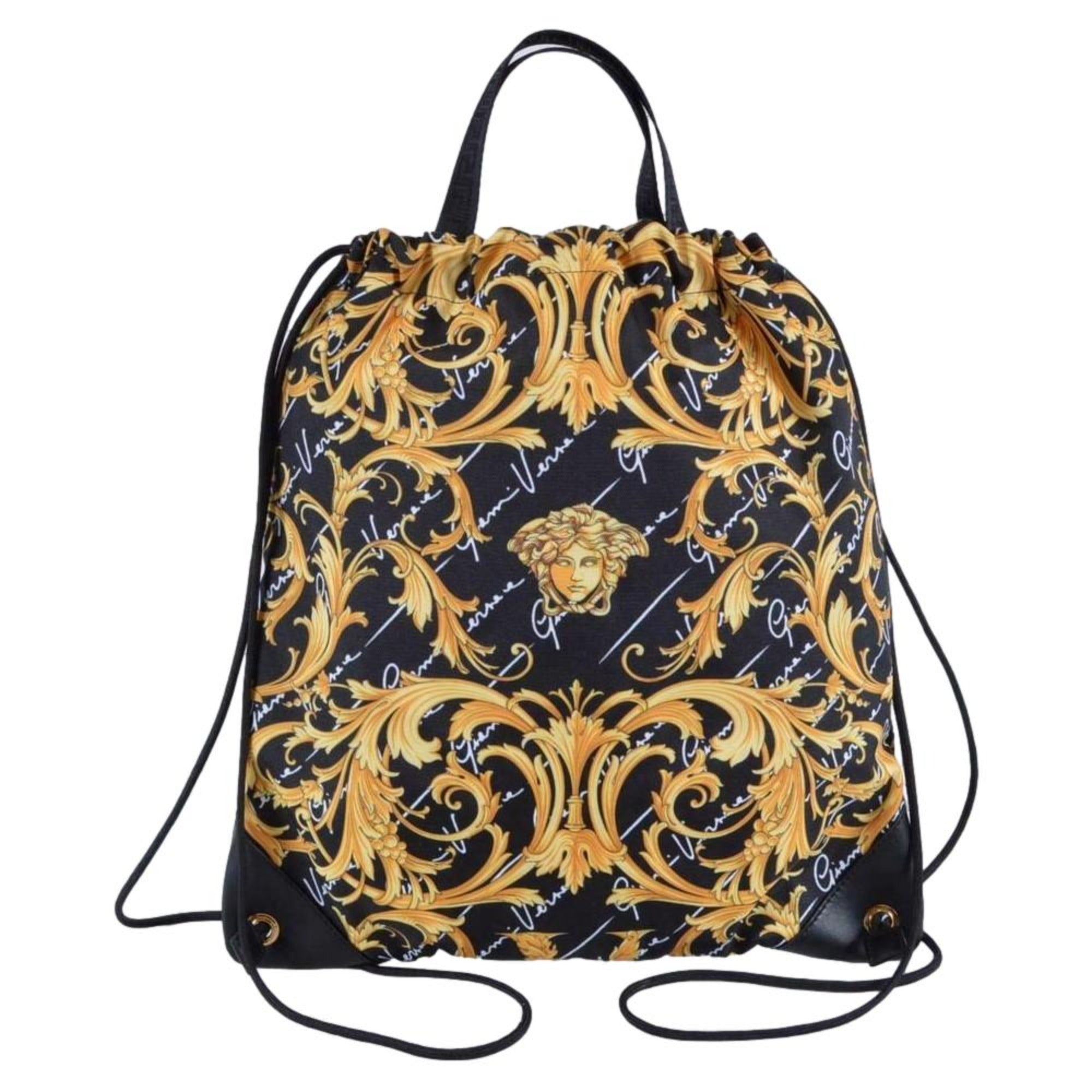 Versace Black Nylon Barocco Signature Print Drawstring Backpack 1002886 at_Queen_Bee_of_Beverly_Hills
