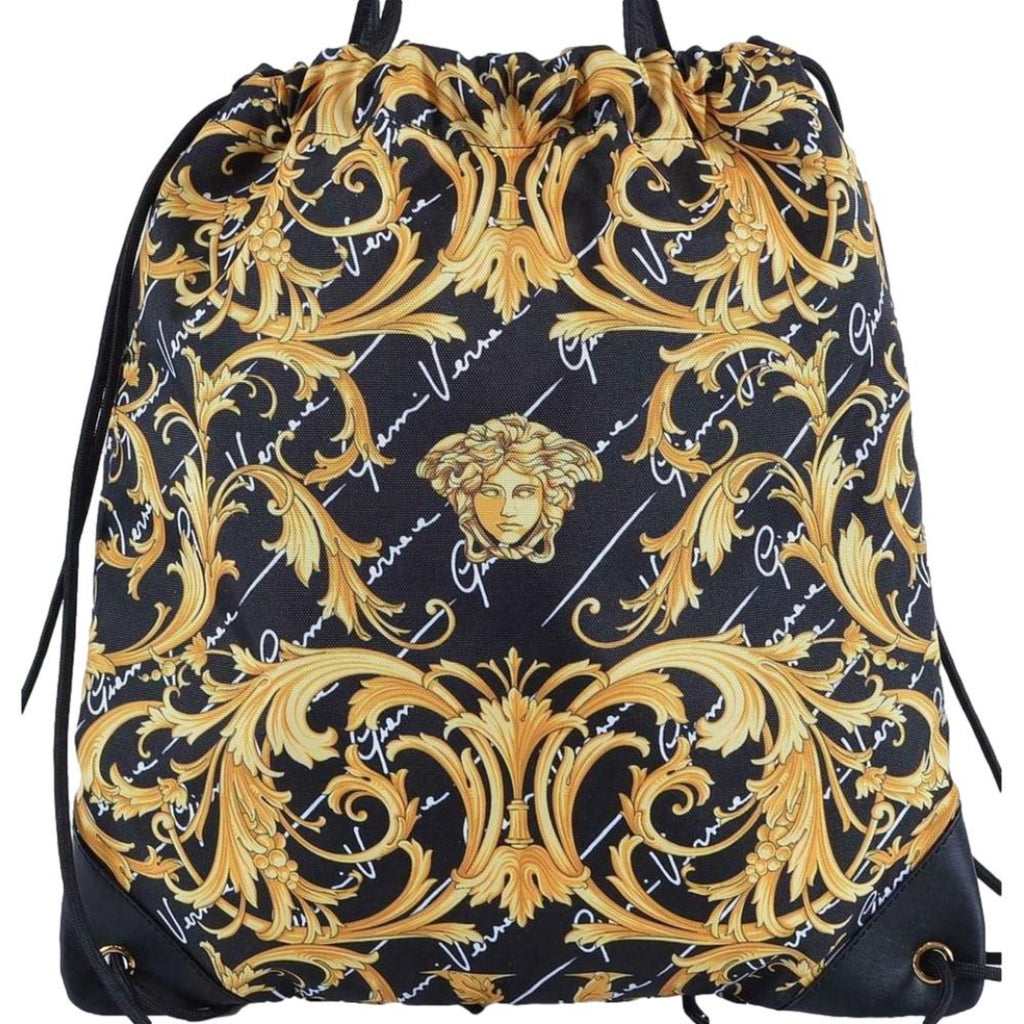Versace Black Nylon Barocco Signature Print Drawstring Backpack 1002886 at_Queen_Bee_of_Beverly_Hills