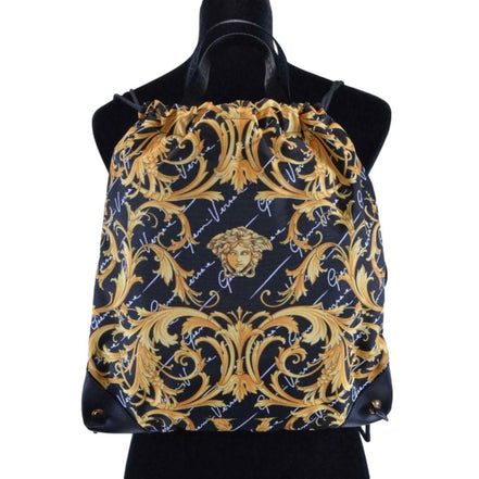 Versace Black Nylon Barocco Signature Print Drawstring Backpack available at Queen Bee of Beverly Hills