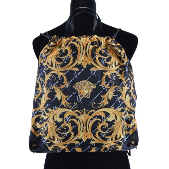 Versace Black Nylon Barocco Signature Print Drawstring Backpack available at Queen Bee of Beverly Hills