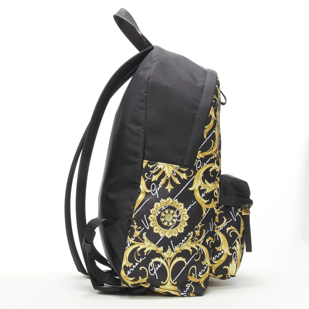 Versace Black Nylon Barocco Signature Print Zip Backpack 1002886 at_Queen_Bee_of_Beverly_Hills