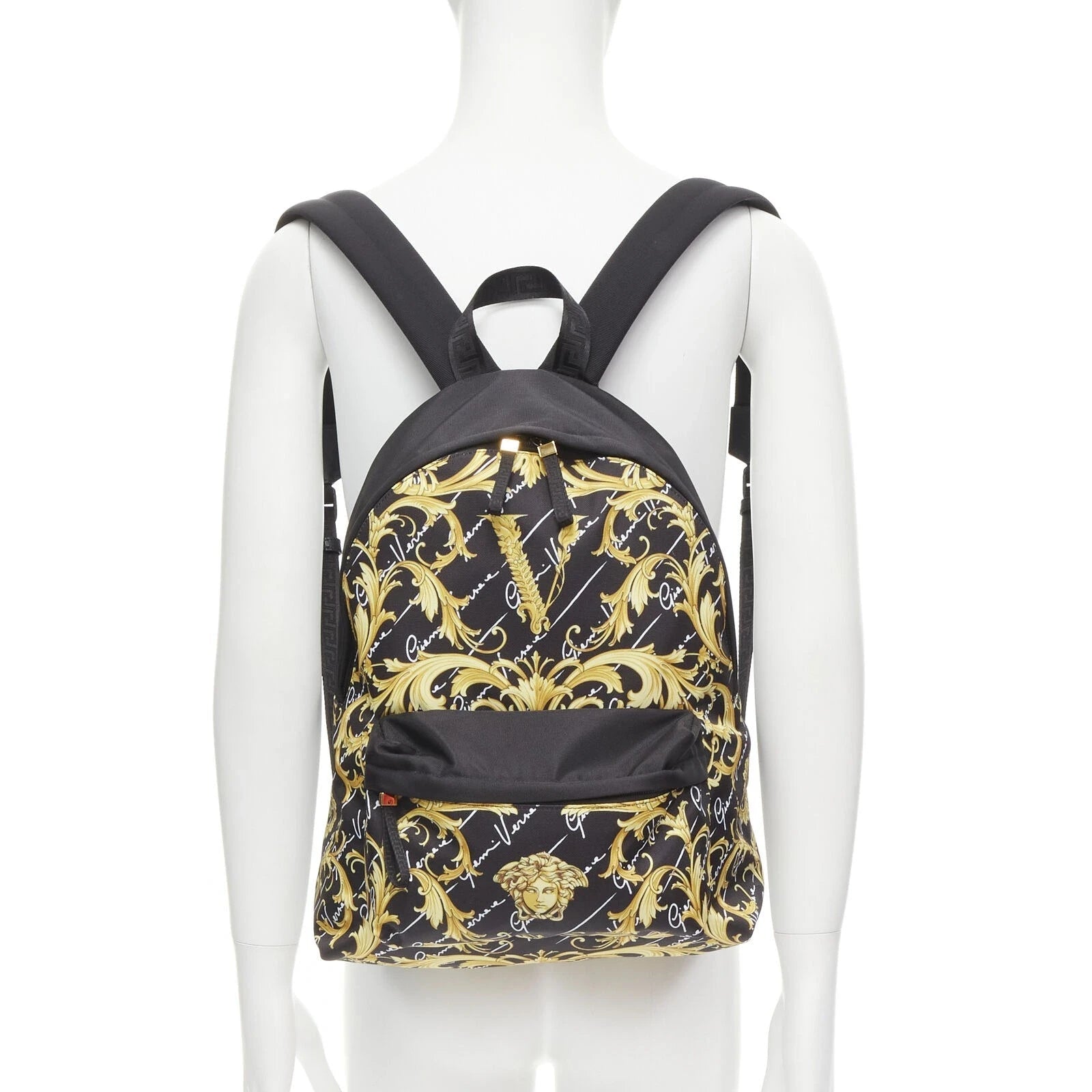 Versace Black Nylon Barocco Signature Print Zip Backpack 1002886 at_Queen_Bee_of_Beverly_Hills