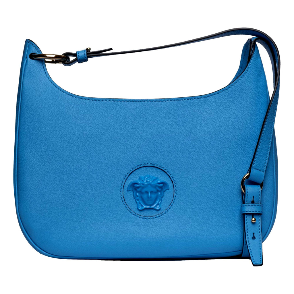 Versace La Medusa Blue Pebbled Leather Medium Hobo Bag 1000699 at_Queen_Bee_of_Beverly_Hills