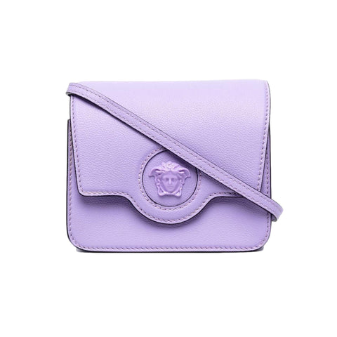 Versace La Medusa Lilac Pebbled Leather Crossbody Bag at_Queen_Bee_of_Beverly_Hills