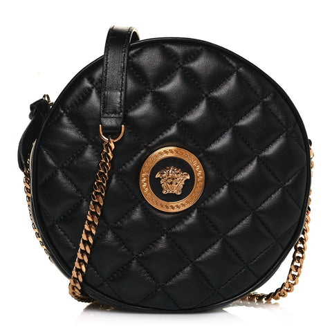 Versace La Medusa Round Quilted Leather Black Shoulder Bag available at Queen Bee of Beverly Hills
