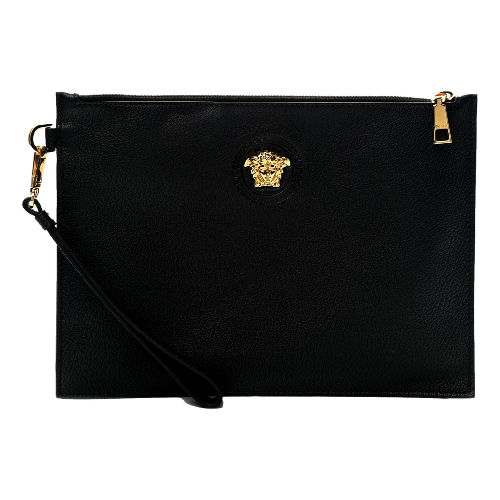 Versace Medusa Zip Pouch Wristlet Black Smooth Calfskin Leather 1004240 at_Queen_Bee_of_Beverly_Hills