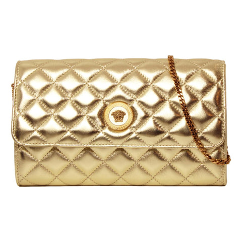 Versace Metallic Gold Leather Medusa Chain Wallet Bag DBSI159S at_Queen_Bee_of_Beverly_Hills