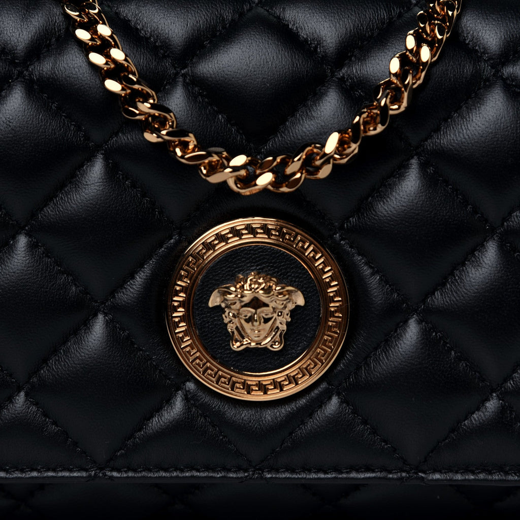Versace Medusa Nappa Quilted Black Leather Chain Crossbody DBFI163S – Queen  Bee of Beverly Hills