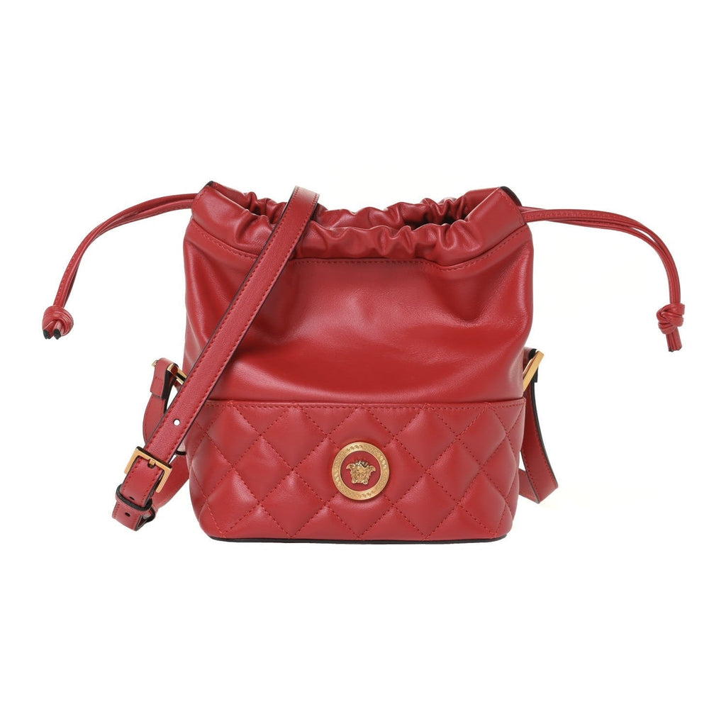 Versace Red Leather Medusa Quilted Drawstring Bucket Bag DBFI173S