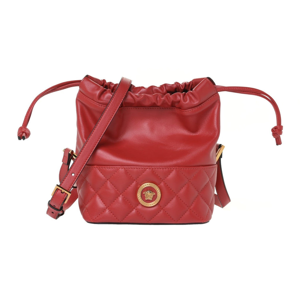 Versace Red Leather Medusa Quilted Drawstring Bucket Bag DBFI173S – Queen  Bee of Beverly Hills