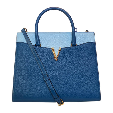 Versace Virtus Cornflower and Navy Leather Large Top Handle Bag at_Queen_Bee_of_Beverly_Hills
