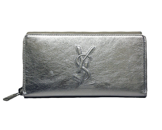 Yves Saint Laurent Wallet YSL Belle du Jour Silver Leather Zip Wallet available at Queen Bee of Beverly Hills